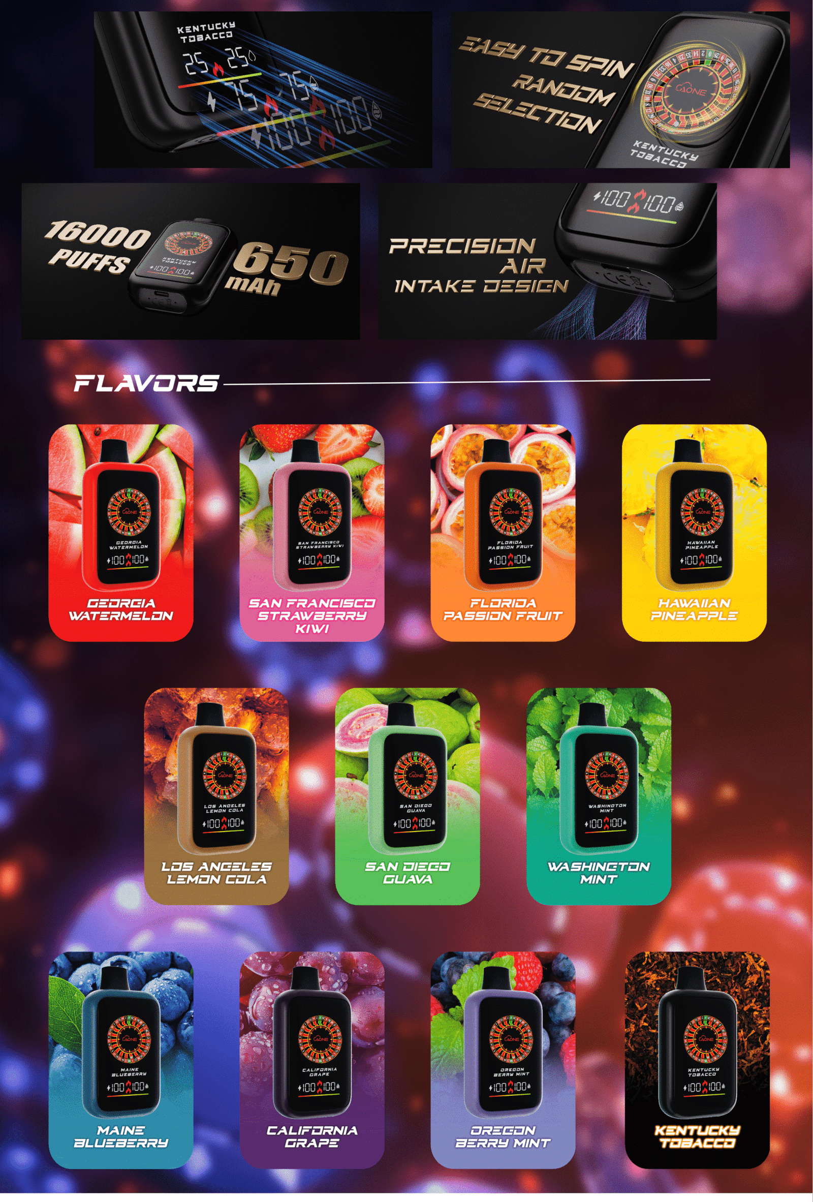 AONE VAPE CASINO 16000口 轉盤大容量一次性抛棄式 底部發光 雙模式調節